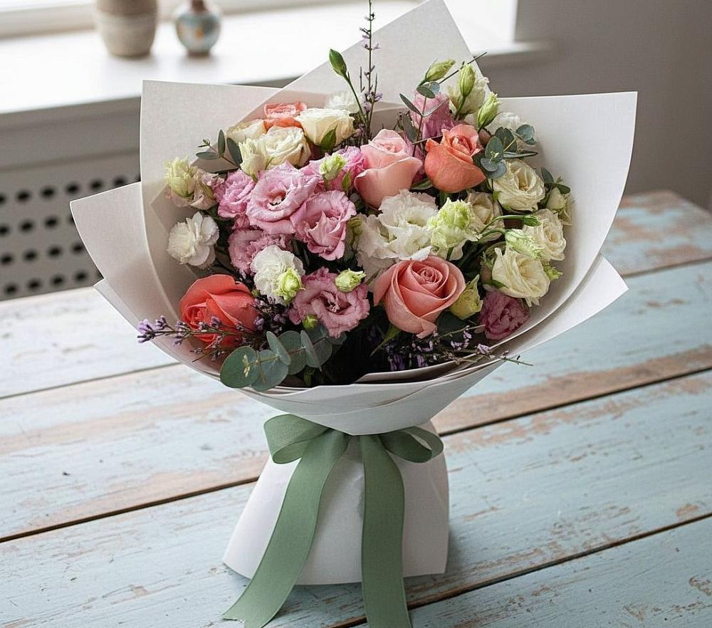 Букет цветов из: Розы, Лизиантусы и Гвоздики в Уке