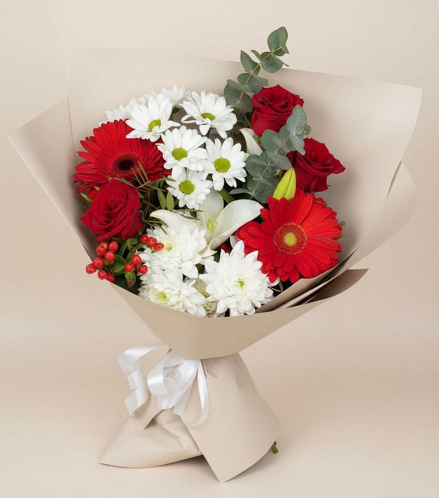 Букет цветов из: Розы, Хризантемы, Герберы и Лилии в Уке