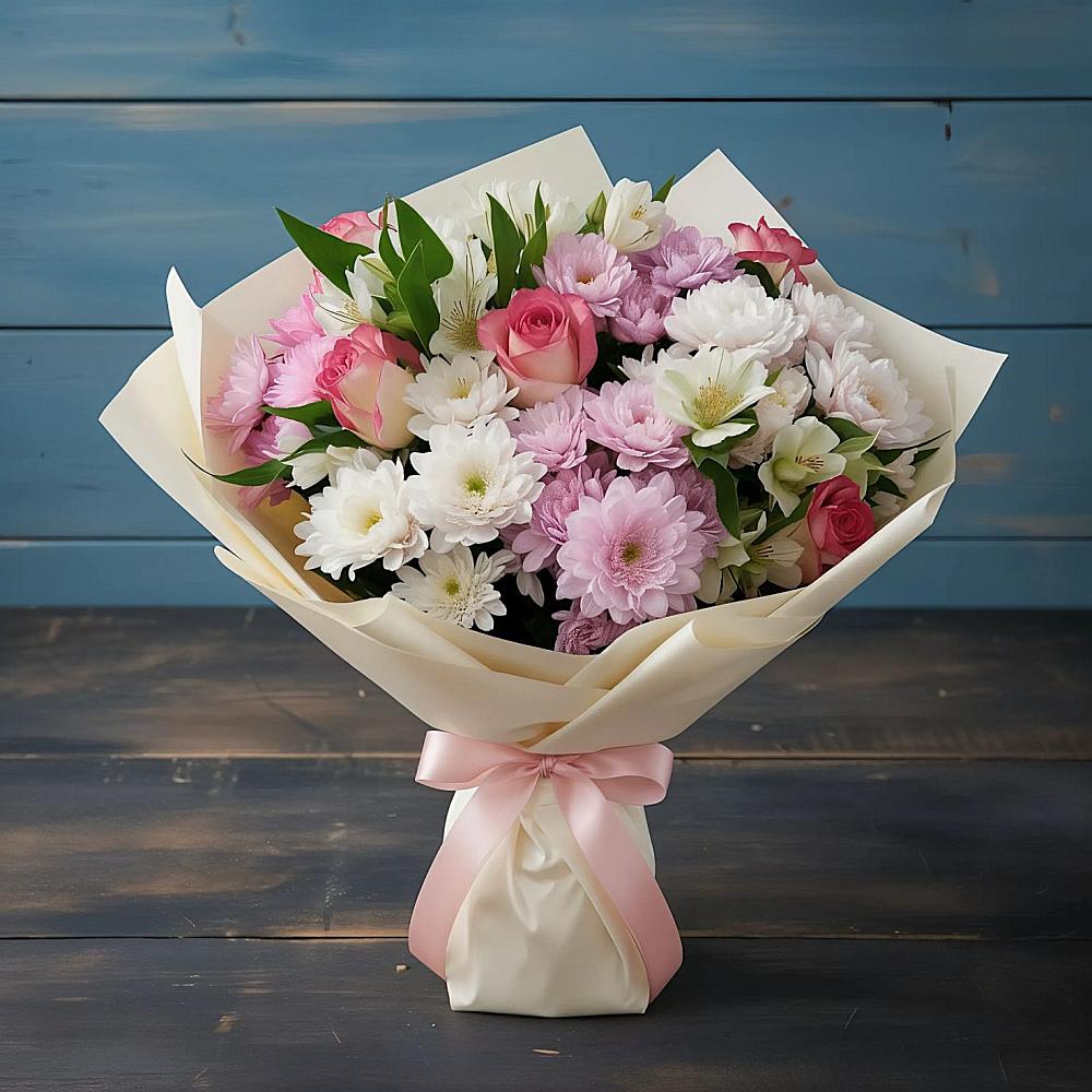 Букет цветов из: Хризантемы, Альстромерии и Розы в Уке